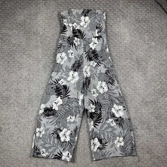 Gilli Jumpsuit Womens Medium Black White Floral Wide Leg Cropped Linen Pockets - Picture 1 of 10